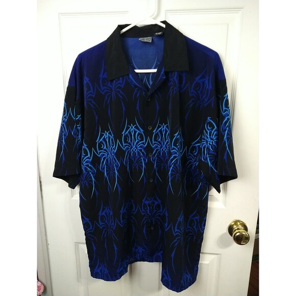 Authentic Shaolin Men's L Collared Button Shirt Blue Black Y2K Artsy - Picture 1 of 6